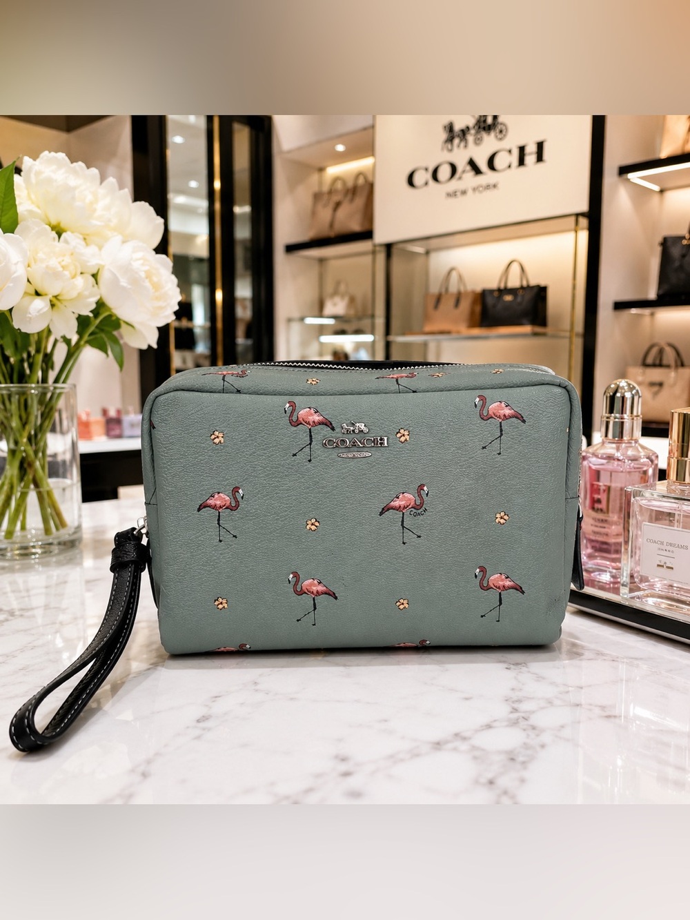 Coach Boxy Cosmetic Case 20 Flamingo Print Aquamarine F29374